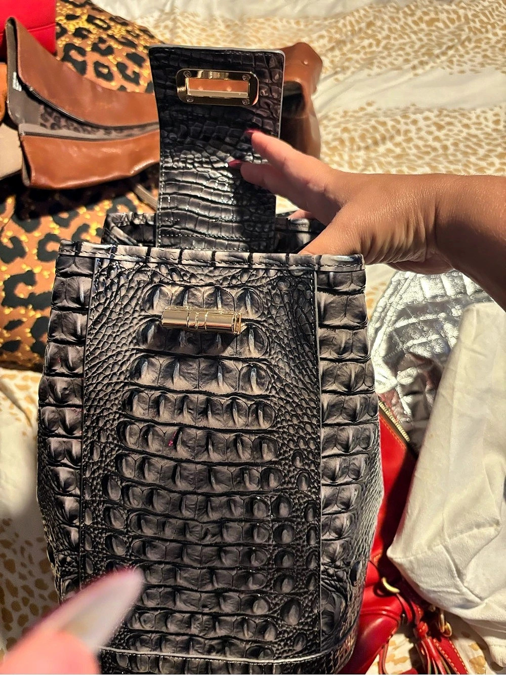 BRAHMIN Crocodile Embossed Backpack in Black